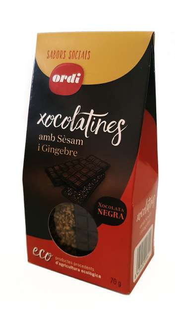 Chocolates 70% cacao con crujiente de sésamo y gengibre